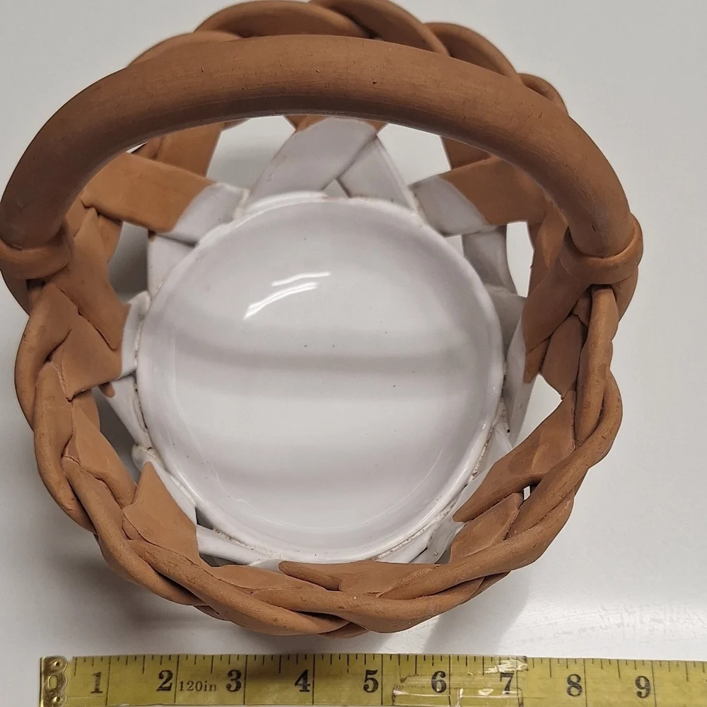 Vintage Italian Ceramic & Terracotta Charming Tan and White Woven Basket